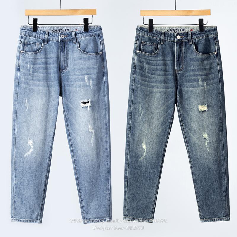 Men's Spring Summer Ripped Hole Jeans Korean Style Straight Leg Casual Harem Denim Pants Washed Baggy Trousers