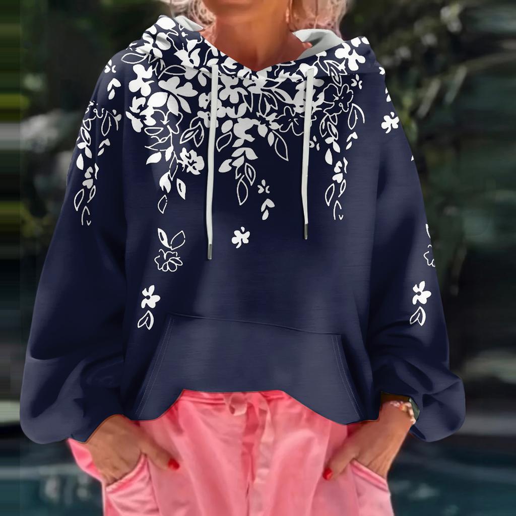 Women's Floral Print Loose Casual Long Sleeved Hooded Sweatshirt