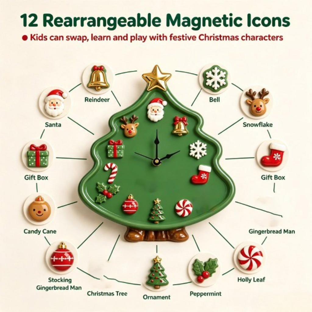 Christmas Holiday Clock, Festive Tabletop Decor for Mantel, Shelf and Home