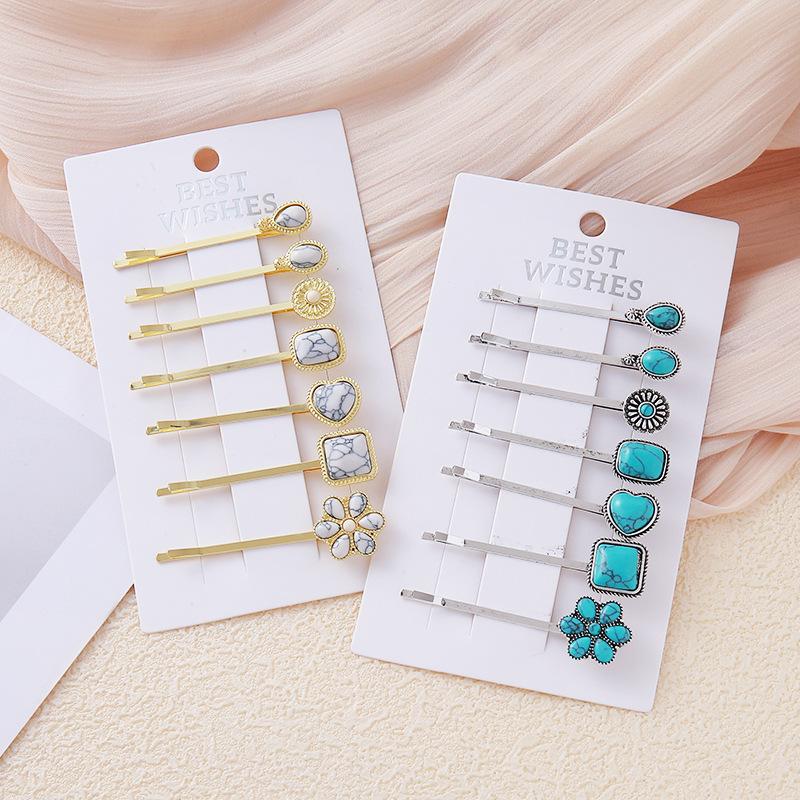 2/3/6Pcs Chinese Style Turquoise Set:Square Heart Flower Drop Blue Turquoise White Turquoise Hairpin Accessories