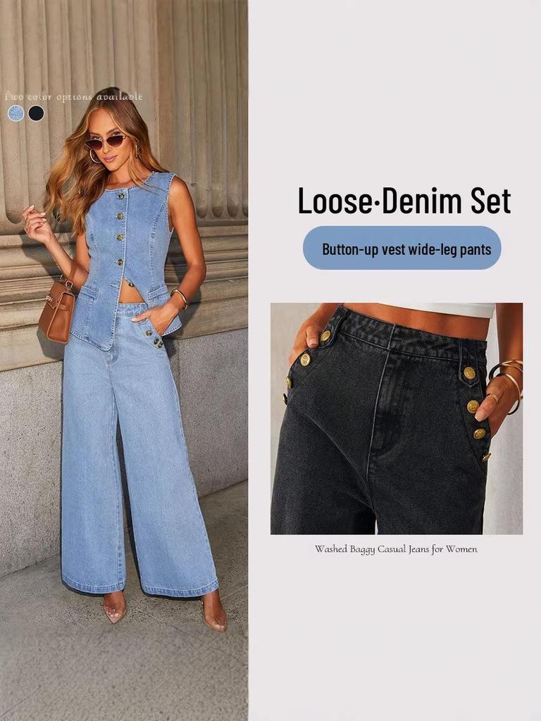 2026 Trendy Sleeveless Denim Jumpsuit Set: European & American Style Wide-Leg Two-Piece for Women