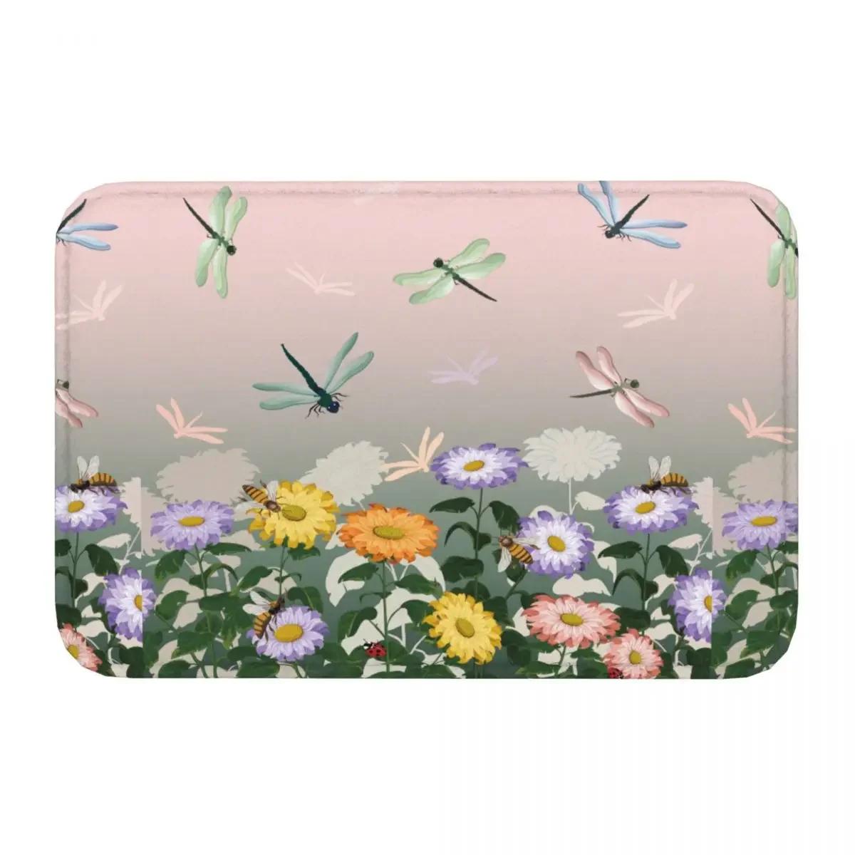 Нескользящий Ковер Стрекозы Цветы Коврик для Прихожей Коврик для Ванной Коврик для Пола с Надписью Welcome 40cmx60cm