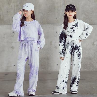 Tie Dye Teen Girls Sports Casual Set Short Autumn Sweatshirt Wide-legged Pants Kids Clothes Set