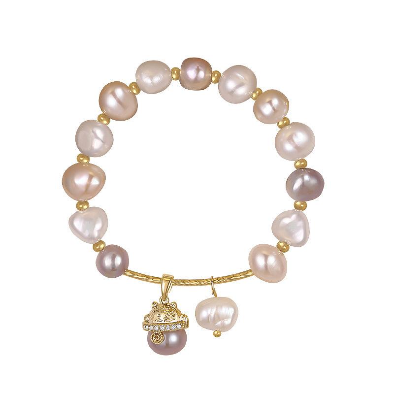 Barockperlen-Katzenarmband für Damen, Rosa & Champagner Süßwasserperlen-Charmsarmband, Französischer Retro Süßer Kätzchen Schmuck Geschenk