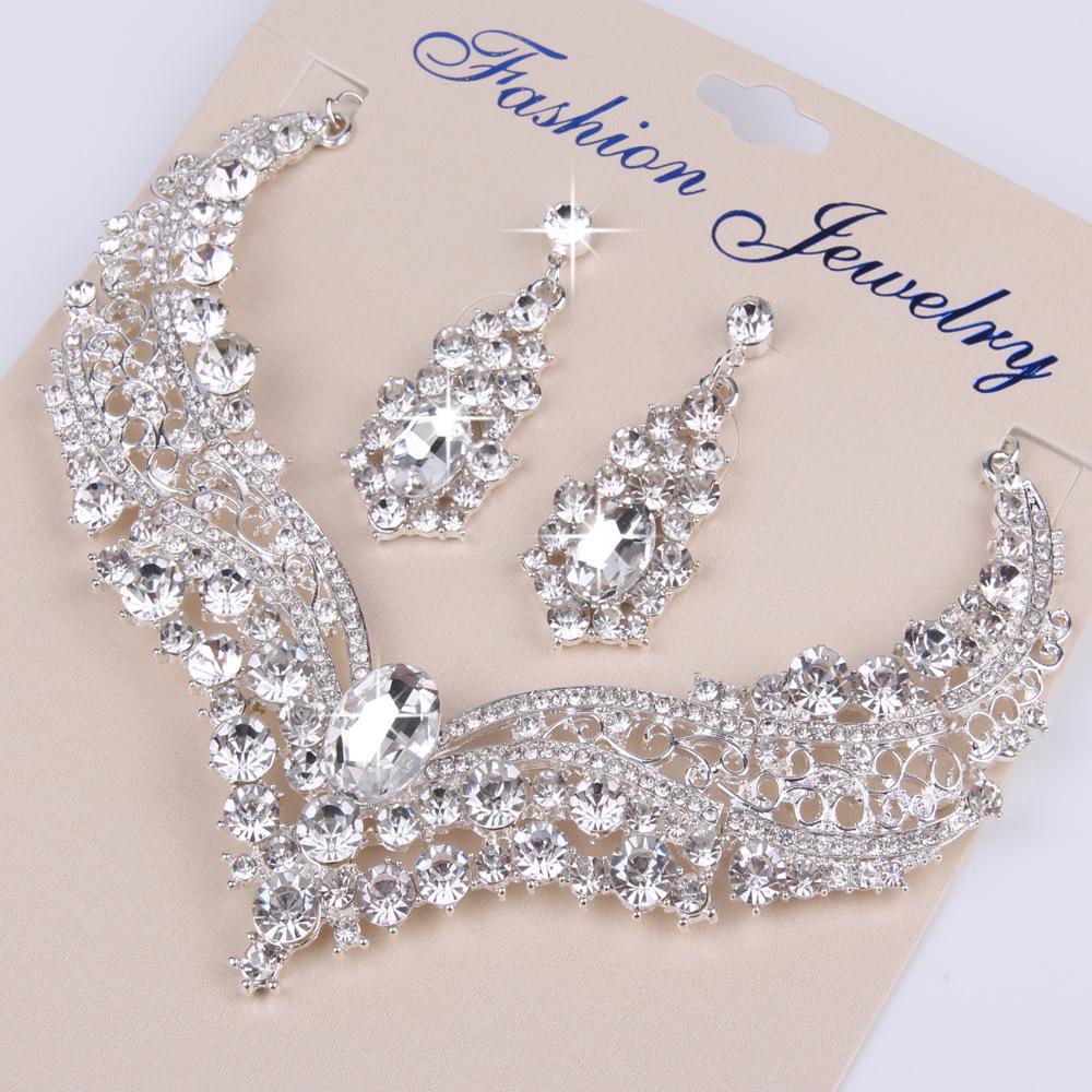3Pcs Set Bridal Necklace Alloy Inlaid With Rhinestones Large Crystal Necklace Earrings Decor Wedding Dress Accessories Jewelry