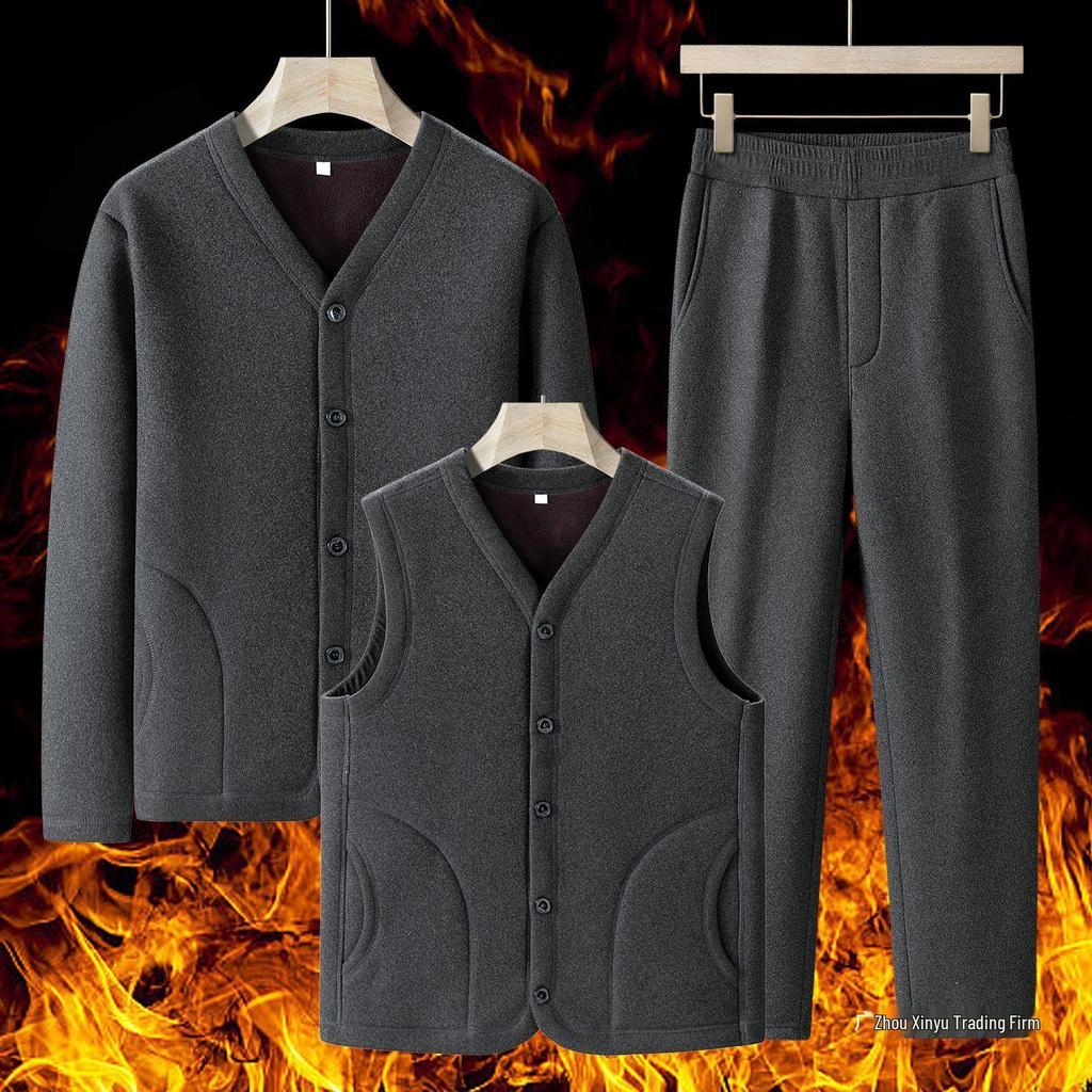 Grandpa’s Autumn & Winter Thickened Cotton Outfit: Velvet Three-Piece Set and Two-Piece Set for Middle-Aged & Elderly.