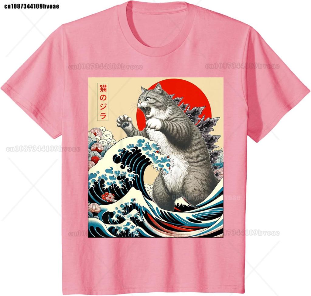 Catzilla Cat Japanese Art Funny Cat Gifts T-Shirt Top Tees Cotton High Quality Unisex Hip Hop TShirt Punk Gothic Graphic Breathable