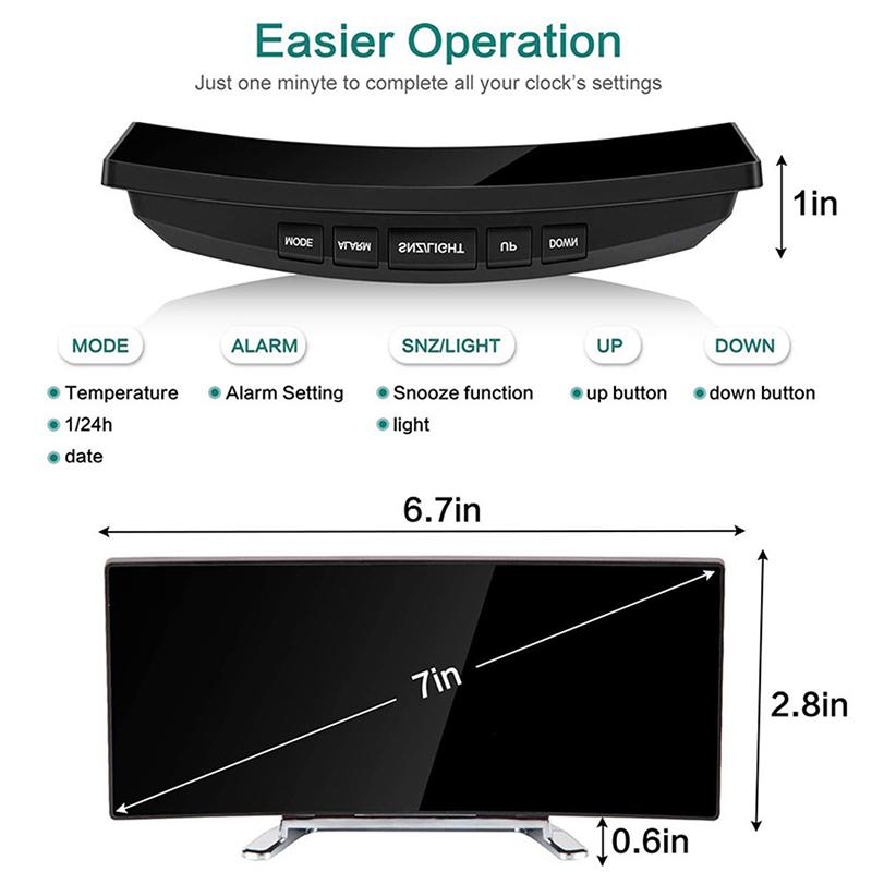 7 tommers digital vekkerklokke buet dimbar LED elektronisk digital skrivebordsklokke stort tall bordklokke