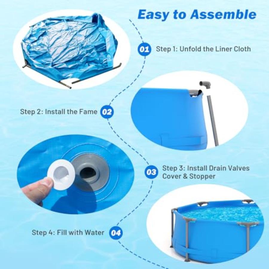 10' Round Above Ground Pool Set with Metal Frame and PVC Fabric Blue 1158 Gal Includes 3 Stoppers and Drainage Valve Connector