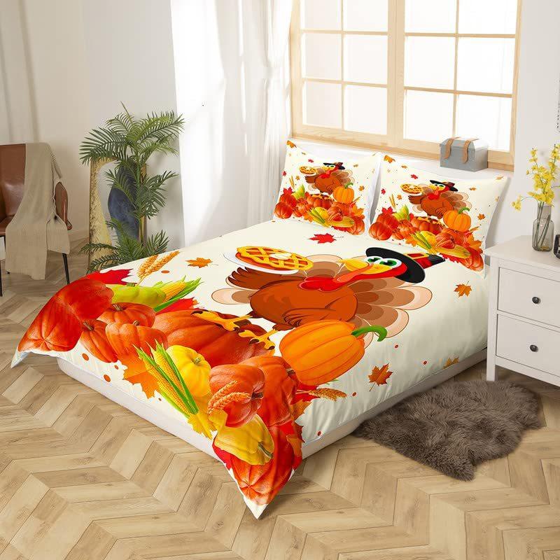 Turkey Three-Piece Quilt Cover 3D Digital Printing Bedding Autumn Pumpkin Maple Leaf Bed Cover