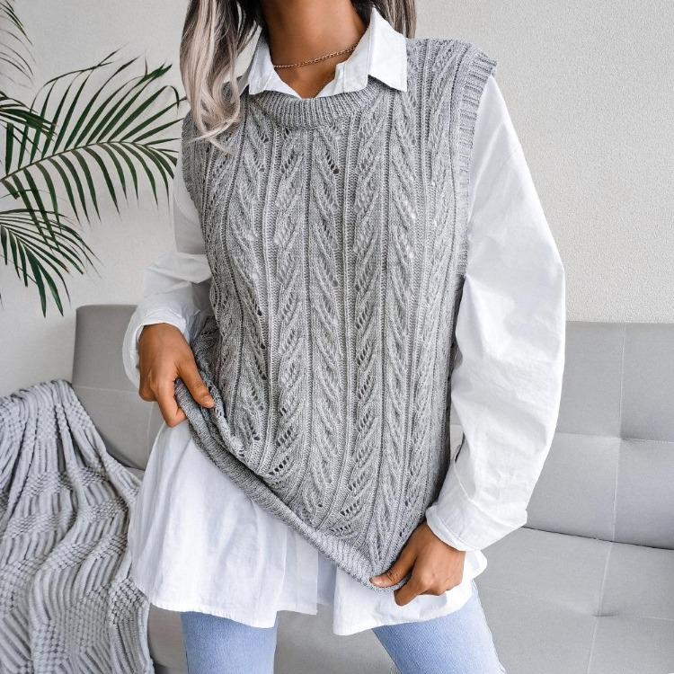 Women Crew Neck Sleeveless Knit Sweater Solid Color Tank Top Cutout Leaf Design Fall Winter Sizes S-L