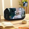 1pc Girl And White Wolf 2D Flat Printing Double-Layer Flip Black Pencil Case - Back-To-School Essential Pencil Box, Daily Multi-Functional Makeup Bag,