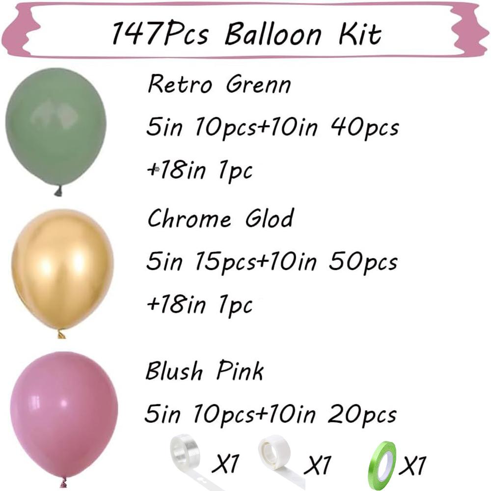147PCS gray green pink latex balloon set suitable for birthday parties, weddings, Valentine's Day party decoration