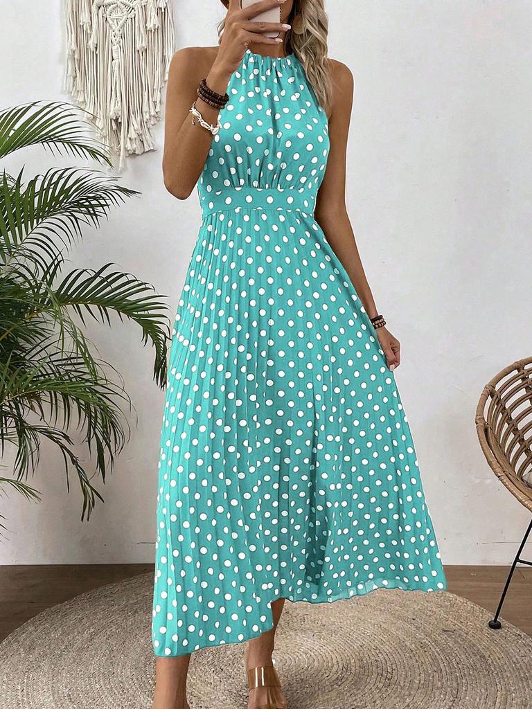 European and American Women's Clothing Spring and Summer Fashion Printing Polka Dot Round Neck Long Dress Women's Dress