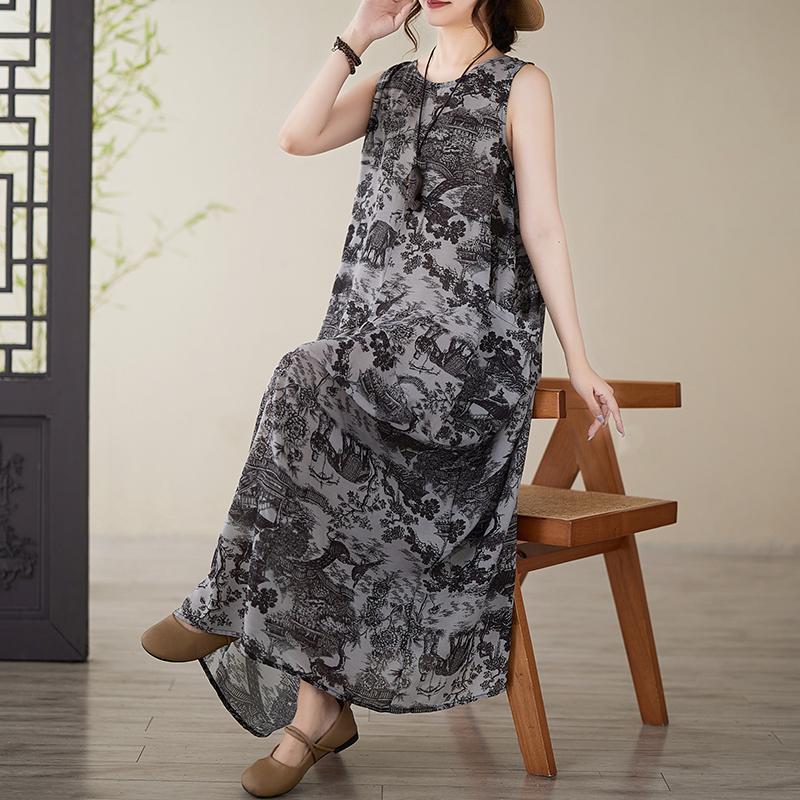 Dimanaf 2025 Nouă Vară Femei Mărimi Mari Rochie Largă Vintage Fără Mâneci Rochie de Soare Basic cu Imprimeu Rochie Lungă Casual Maxi