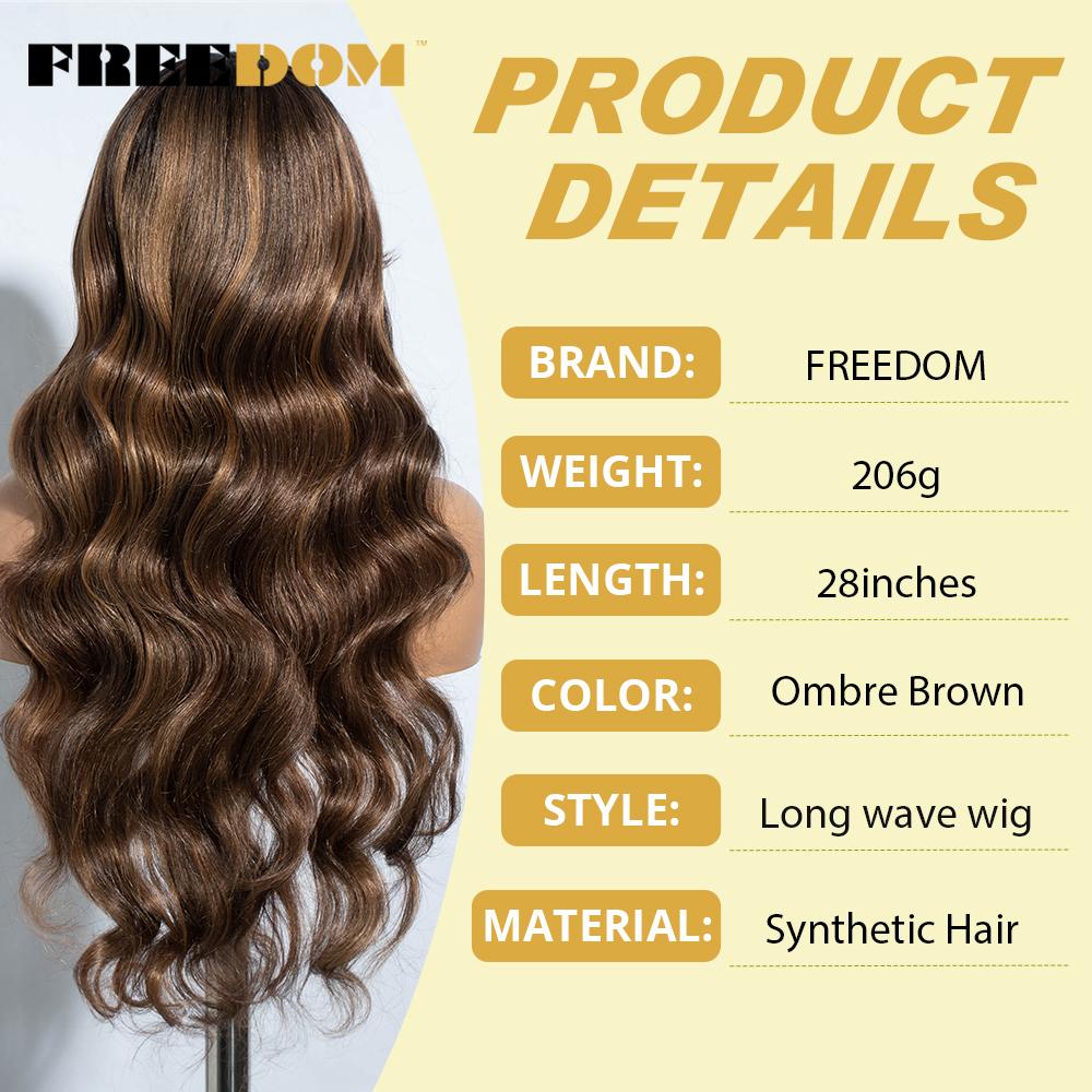 FREEDOM Synthetic Lace Wigs For Black Women 28inch Long Body Wave Middle Part Lace Wig With Bangs Ombre Blonde Brown Cosplay Wig