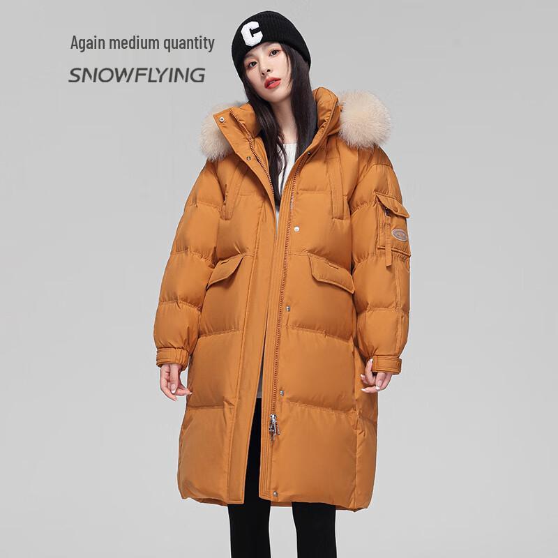 SNOWFLYING Women's Mid-length Down Jacket with Fox Fur Collar