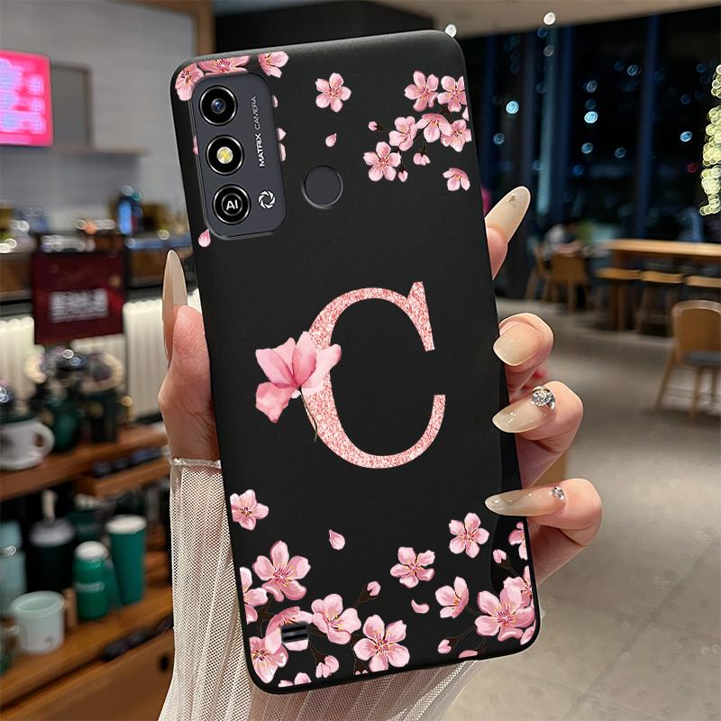 Black Case For ZTE Blade A53/A53+/Blade A53 Pro Flower Printing Initial Letters Phone Casing Soft Silicone Protective Back Cover
