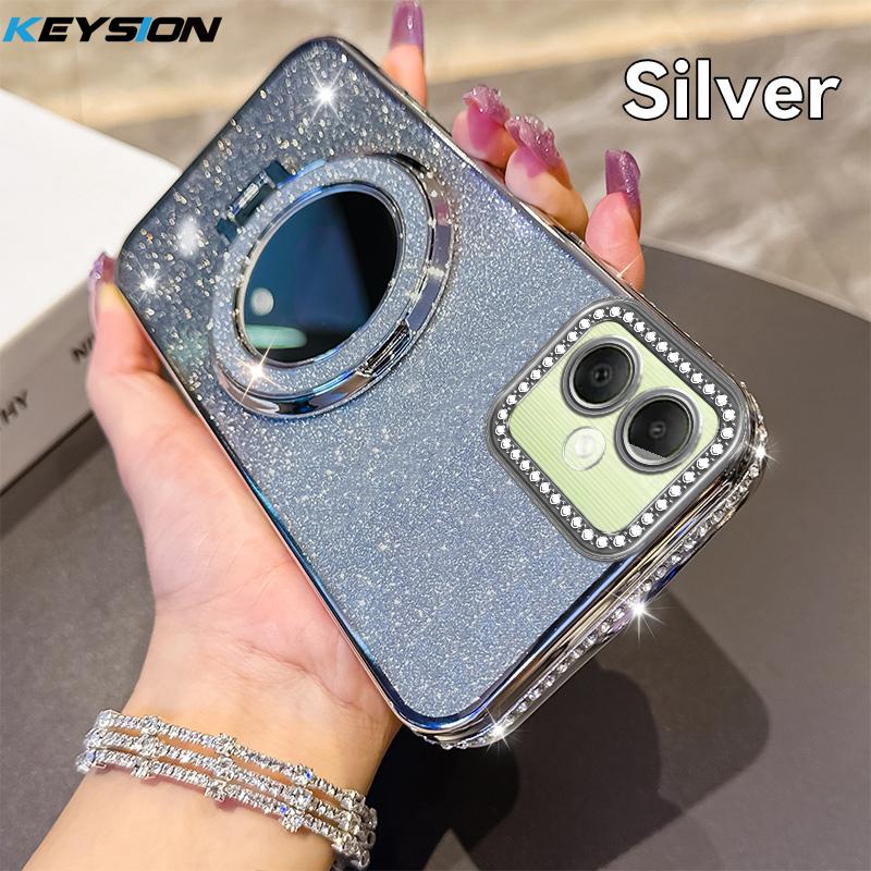 KEYSION Luxury Glitter Jewelled Magnetic Phone Case for Samsung Galaxy A07 A06 A05 A04 Makeup Mirror Stand Shockproof Back Cover