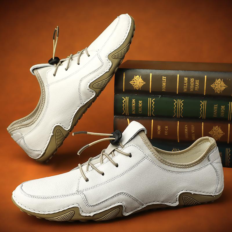 Newest Breathable Genuine Leather Shoes Men Loafers Casual Leather Soft Driving Smen'S Shoes Classic Flats Walking Lace-Up Footwear