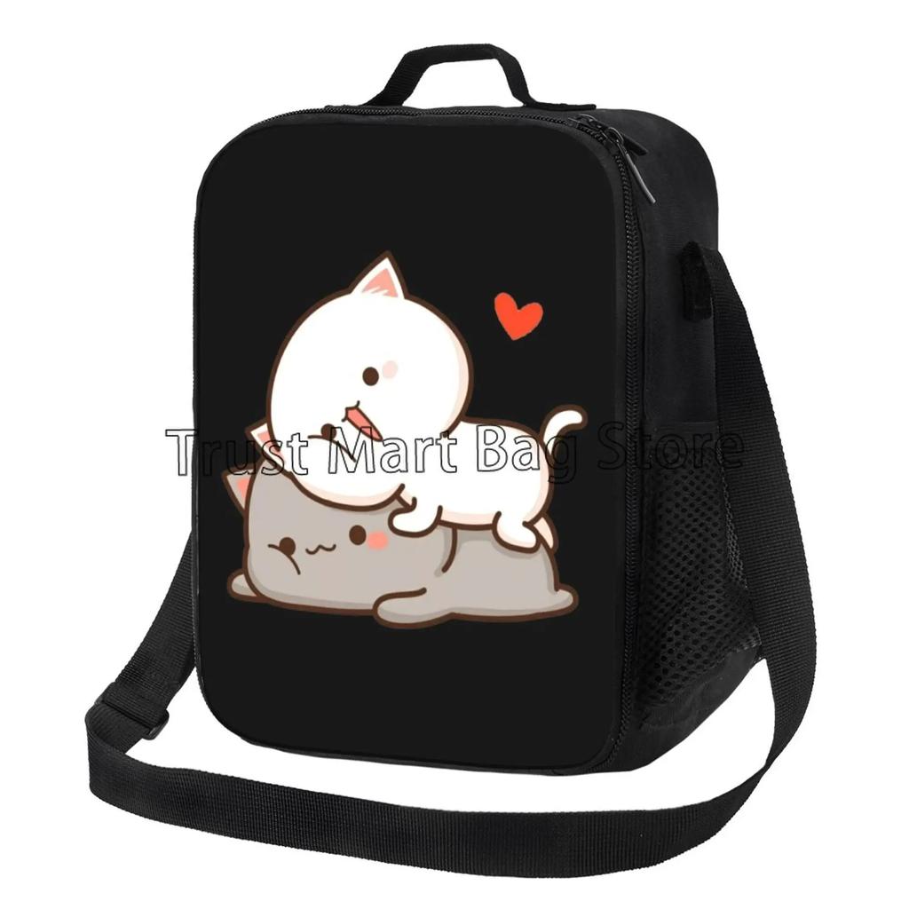 Cartoon Peach and Goma Mochi Cat Insulated Lunch Bag Resuable Leakproof Cooler Thermal Bento Bag with Adjustable Shoulder Strap