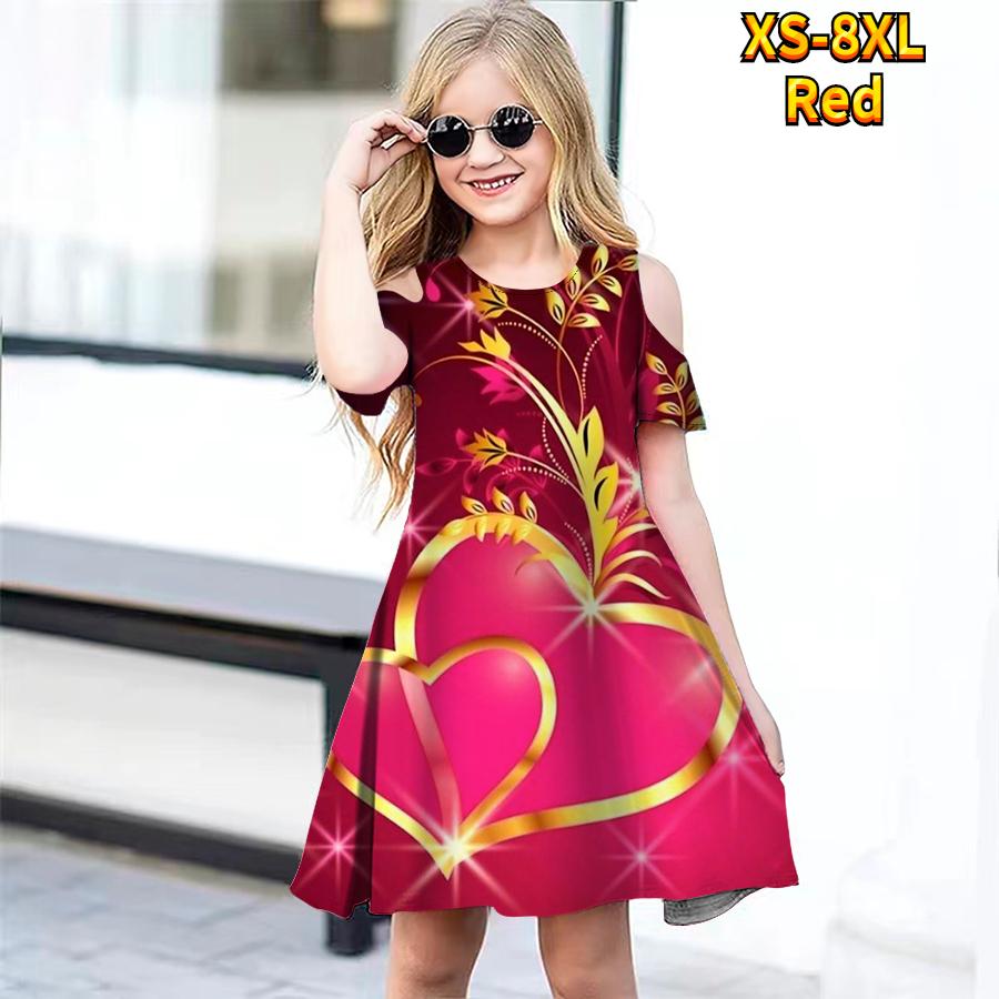 

Платья с цветочным принтом Love для девочек, детское праздничное платье с открытыми плечами для девочек, платье принцессы, платье с короткими рукавами для девочек старше 4 лет 170 красный