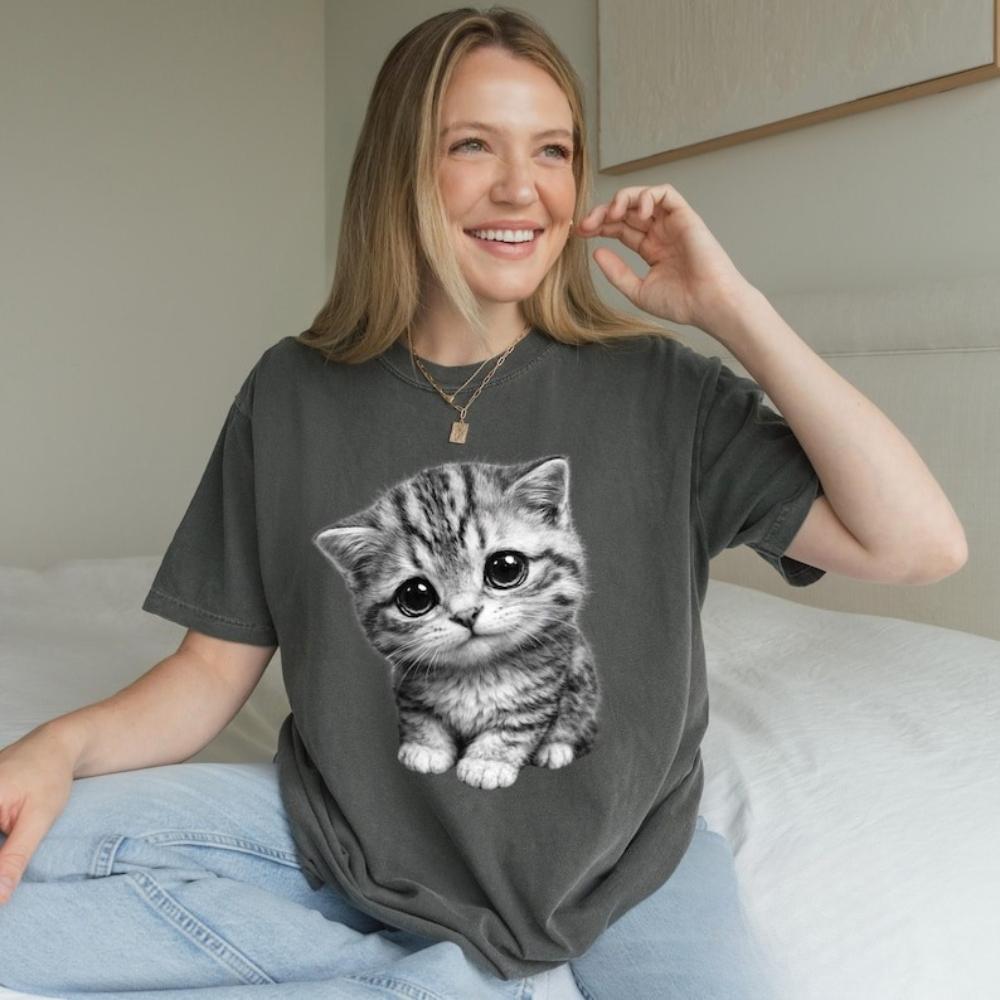 Sad Cat Meme Tshirt Aesthetic Big Eyes Cat Women Unisex Casual Cotton Graphic T Shirts Creative Streetwear Tops Tee Shortsleev
