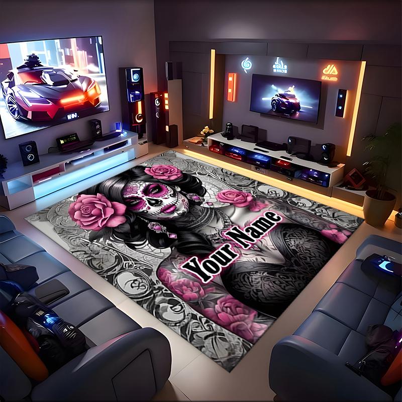 1PC Custom Name Day Dead Art Theme Floor Mat Ideal for Living Room, Game Rooms, Office, Bedroom,Floor Mat Playful Design