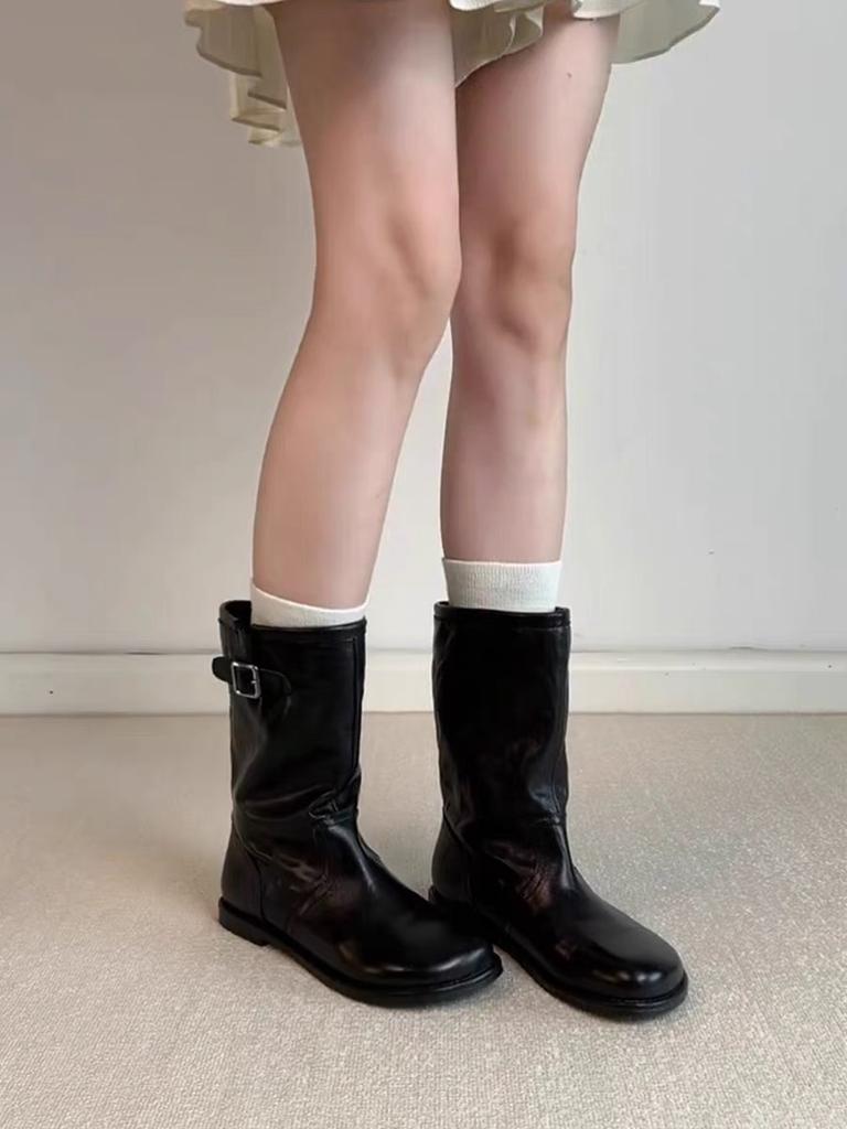 Cowhide Premium Retro Washed Round Head Belt Buckle Flat Bottom Knight Boots Women's Medium Boots Short Boots