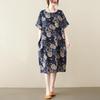 Large Size Loose Slimming Cotton Linen Chubby Girl Artistic Retro Short Sleeved Medium Long Dress Casual Dresses