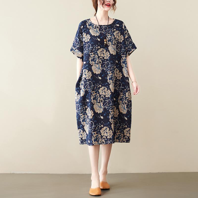 Large Size Loose Slimming Cotton Linen Chubby Girl Artistic Retro Short Sleeved Medium Long Dress Casual Dresses