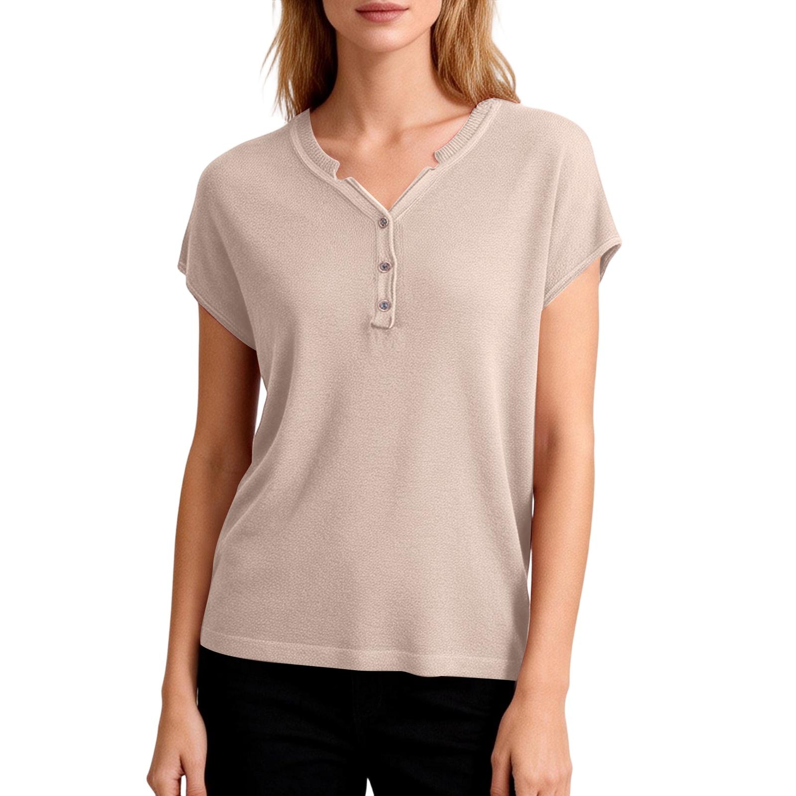 Women s V-neck Loose Button Placket Short Sleeve T-shirt S розовый