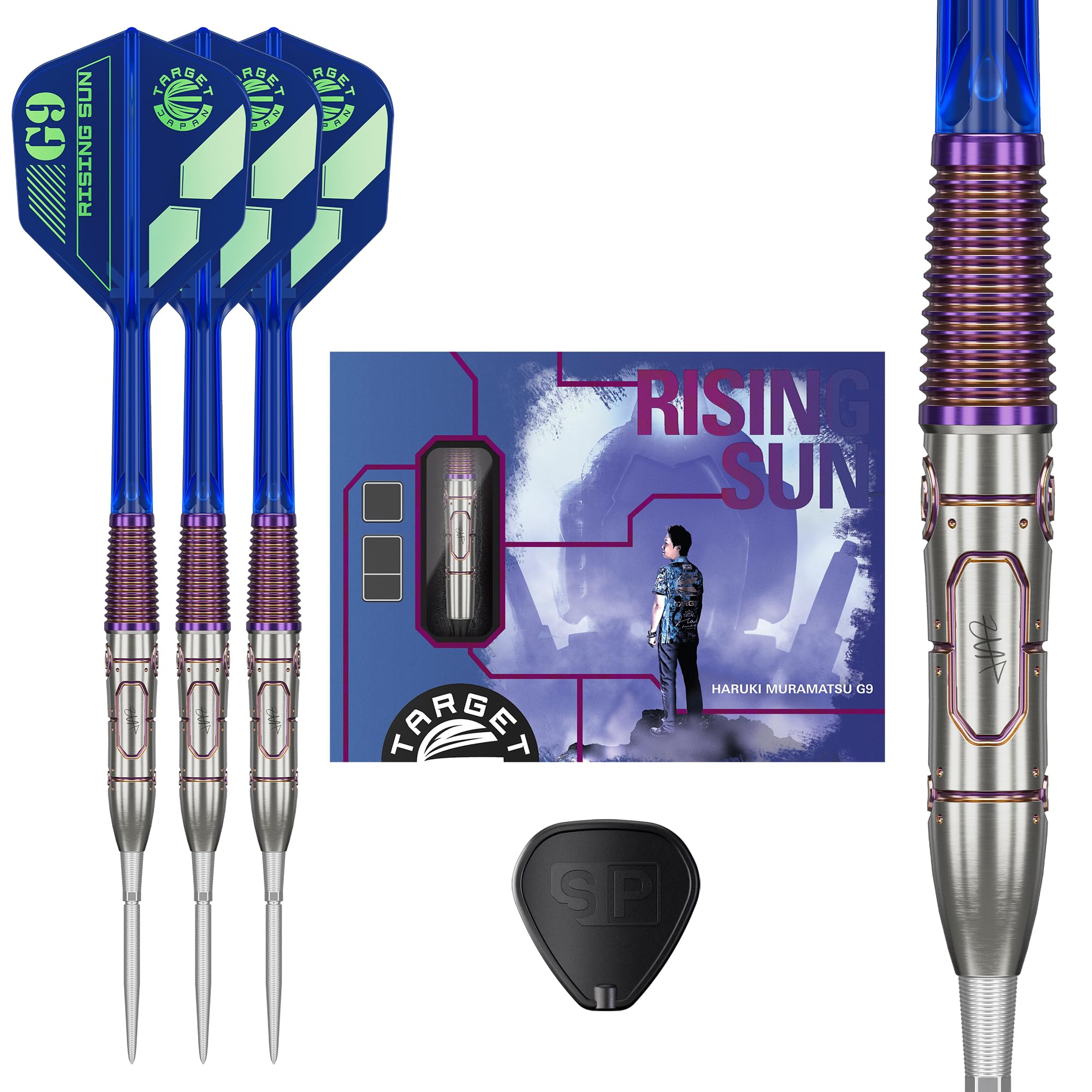 

Target Japan Rising Sun G9 95% Tungsten K-Flex Swiss Point Steel Tip Darts Set, 23G | Rising Sun G9 K-Flex No. 6 (Shape) Flights and Shafts, Swiss