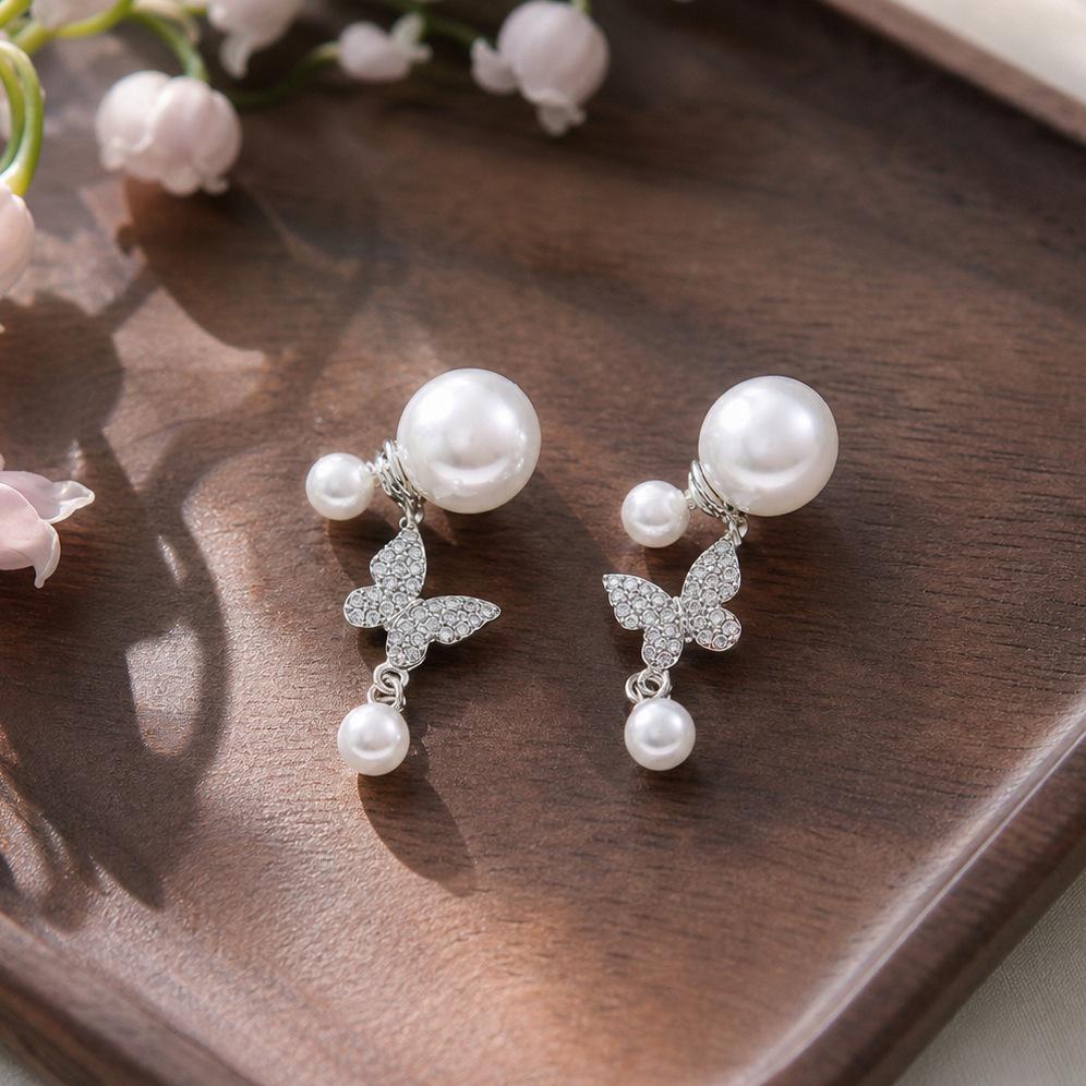 Silver Needle Vintage Rhinestone Butterfly Pearl Tassel Earrings for Women - Elegant and Versatile Fashion Studs
