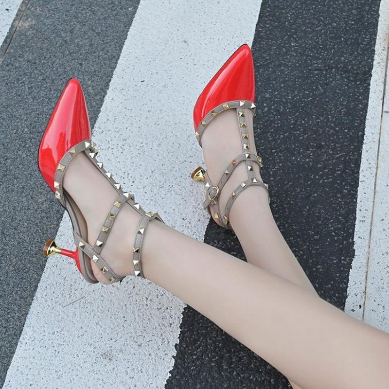 Stiletto Sandals Summer New Sharp Head Shallow Mouth Color Matching Rivets Metal Buckle Anti-slip Wear-resistant High Heels