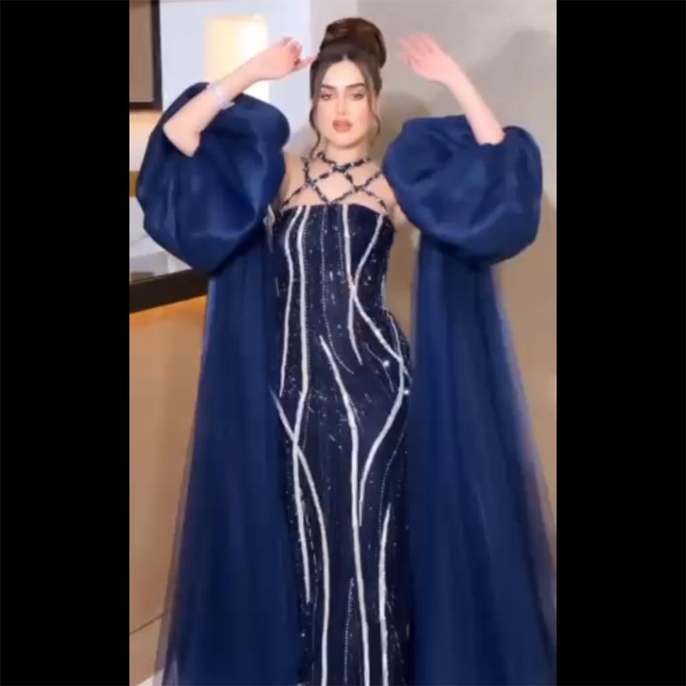 Dark blue bead bubble sleeve temperament fashion long dress annual meeting hosting banquet light luxury dress skirt women LA11011