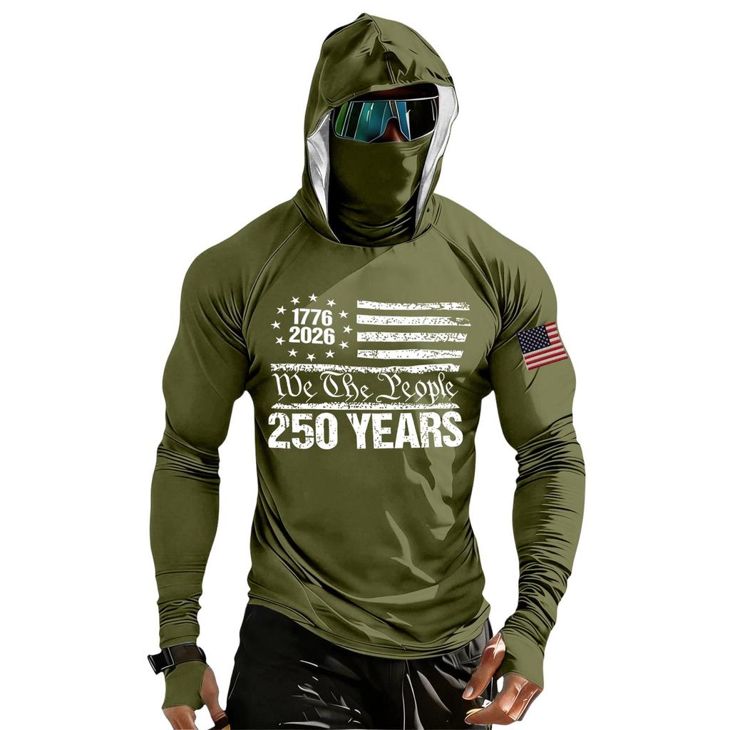 Men's Casual Raglan Sleeve Hooded Long Sleeve Sun Protection Shirt Lightweight Breathable Outdoor Activewear with Face Cover