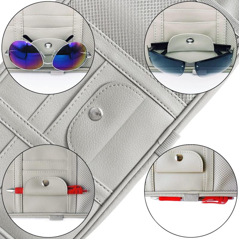 Da by Car Sun Visor Organizer, Multi-Pocket Trucks with Double Zippers, Elastic Bands & Glasses Clip - Organizes Essentials Keep Tidy (Cream Grey)