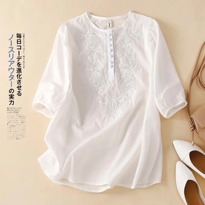 Dámský top s krátkým rukávem, uměleckým retro volným designem a vyšívaným kulatým výstřihem, tenký bavlněný a lněný