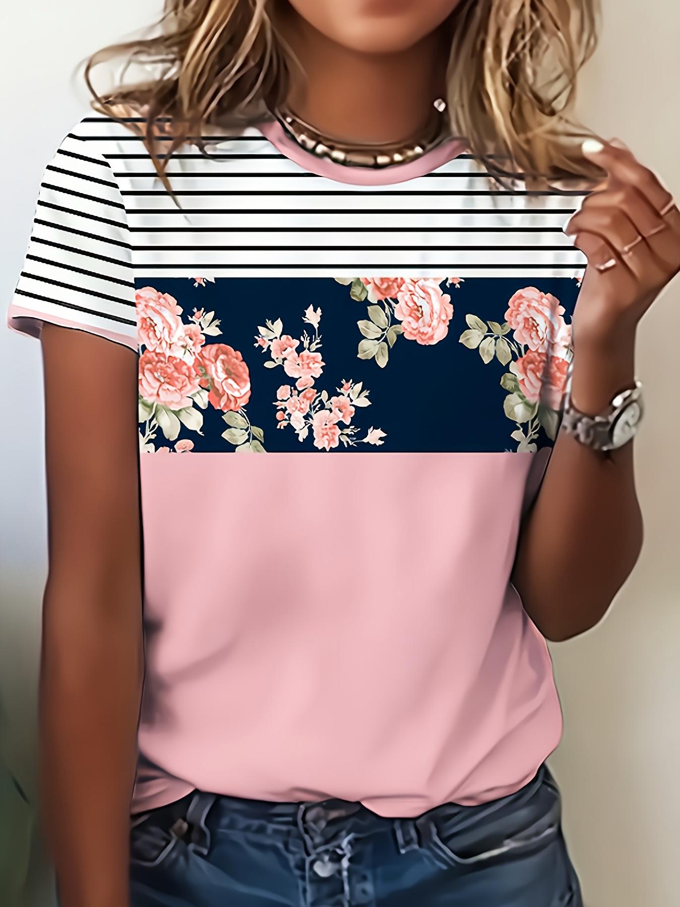 Plus size women s 3D printed T-shirt, floral striped pattern short sleeves, personalized printed top XXS