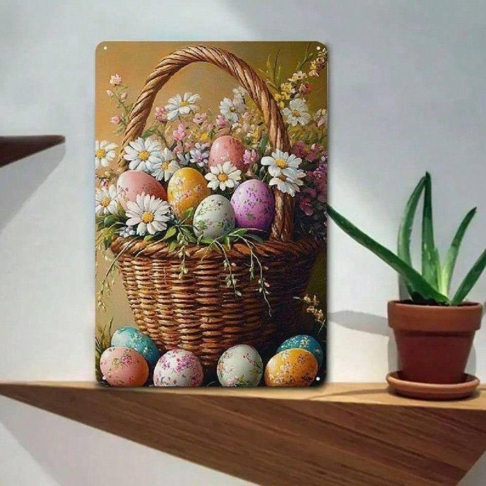 Vintage Farmhouse Easter Floral Metal Poster, Egg Basket Wall Decor for Living Room