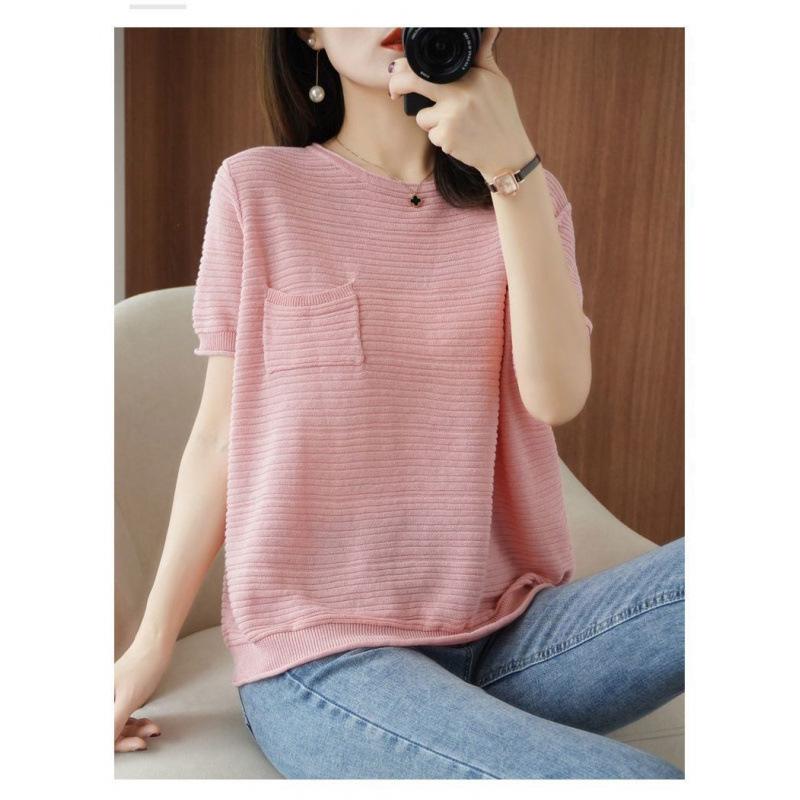 

2025 Spring Fresh Sweet Knit Short-Sleeve Versatile Slimming Casual Top M рожевий