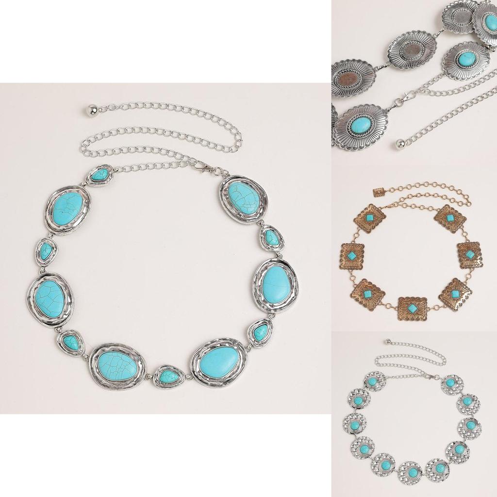Bohemian Style Artificial Turquoise Metal Waist Chain With Vintage Finish For Women