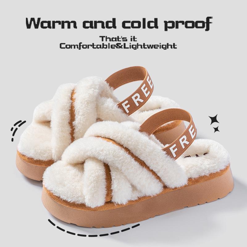 New Autumn and Winter Fluffy Cotton Slippers with Exposed Toes for Women To Wear Outdoors, Thick Soled for Indoor Home Decor