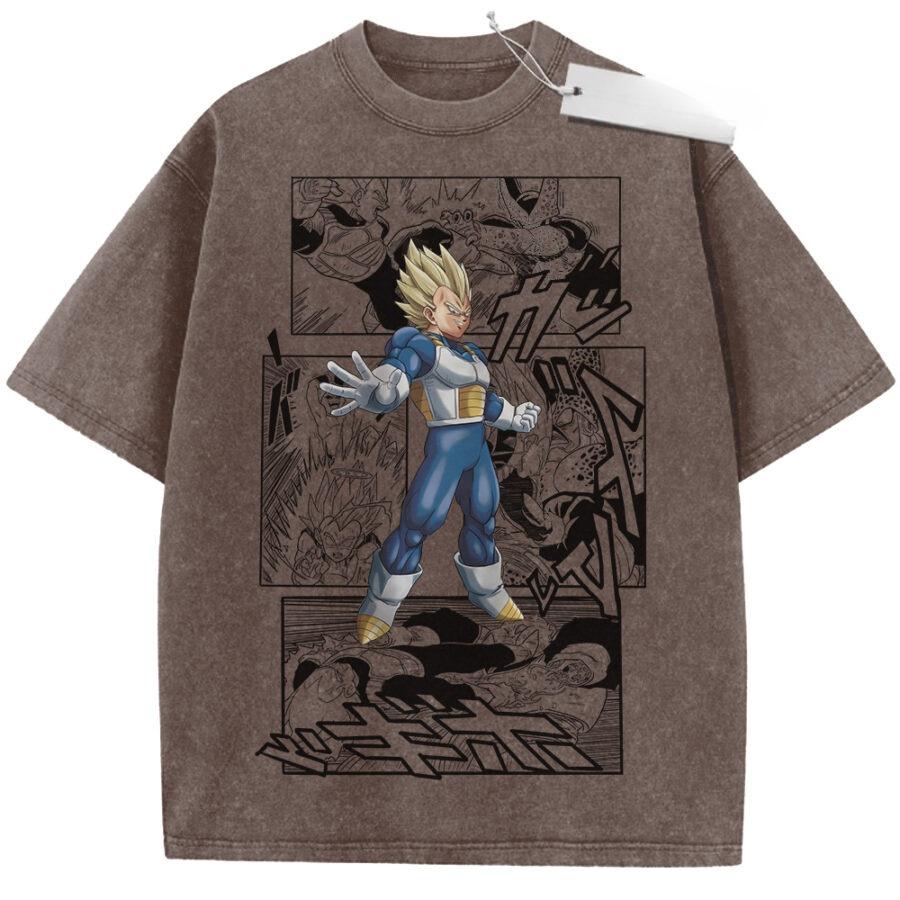Unisex Beige Washed Vintage T  Shirt Dragon Ball Z Super Saiyan Vegeta Manga Action Scenes High  Quality Fabric for Casual