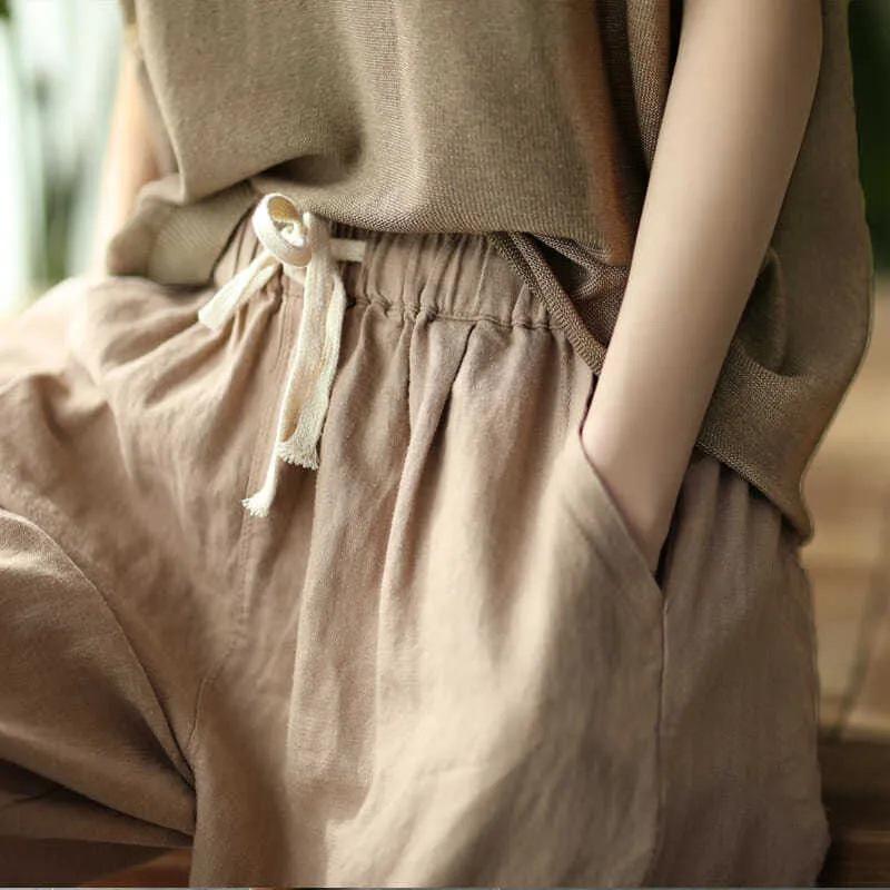 Women's Washed Cotton Elastic Waist Casual Summer Harem Pants with Lace-Up Detail