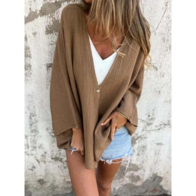 Fashion Loose V Neck Solid Color Cardigan Top Women Mid Length Sleeve