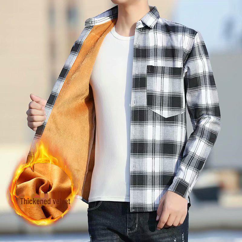 

Мужская рубашка в корейском стиле в клетку: Теплый, плотный бархат, облегающий крой для осени и зимы. M