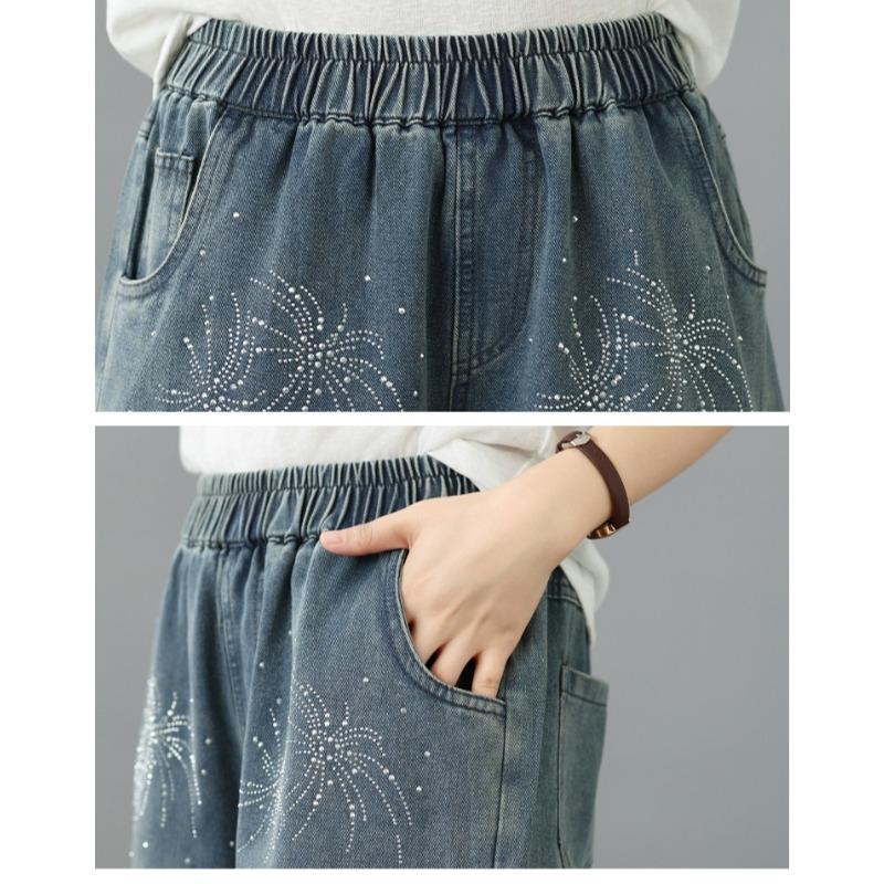 DIMANAF 2026 Summer New Plus Size Women Jeans Elastic Waist Long Pants Beading Loose Casual Denim Cotton Trousers Fashion Lady