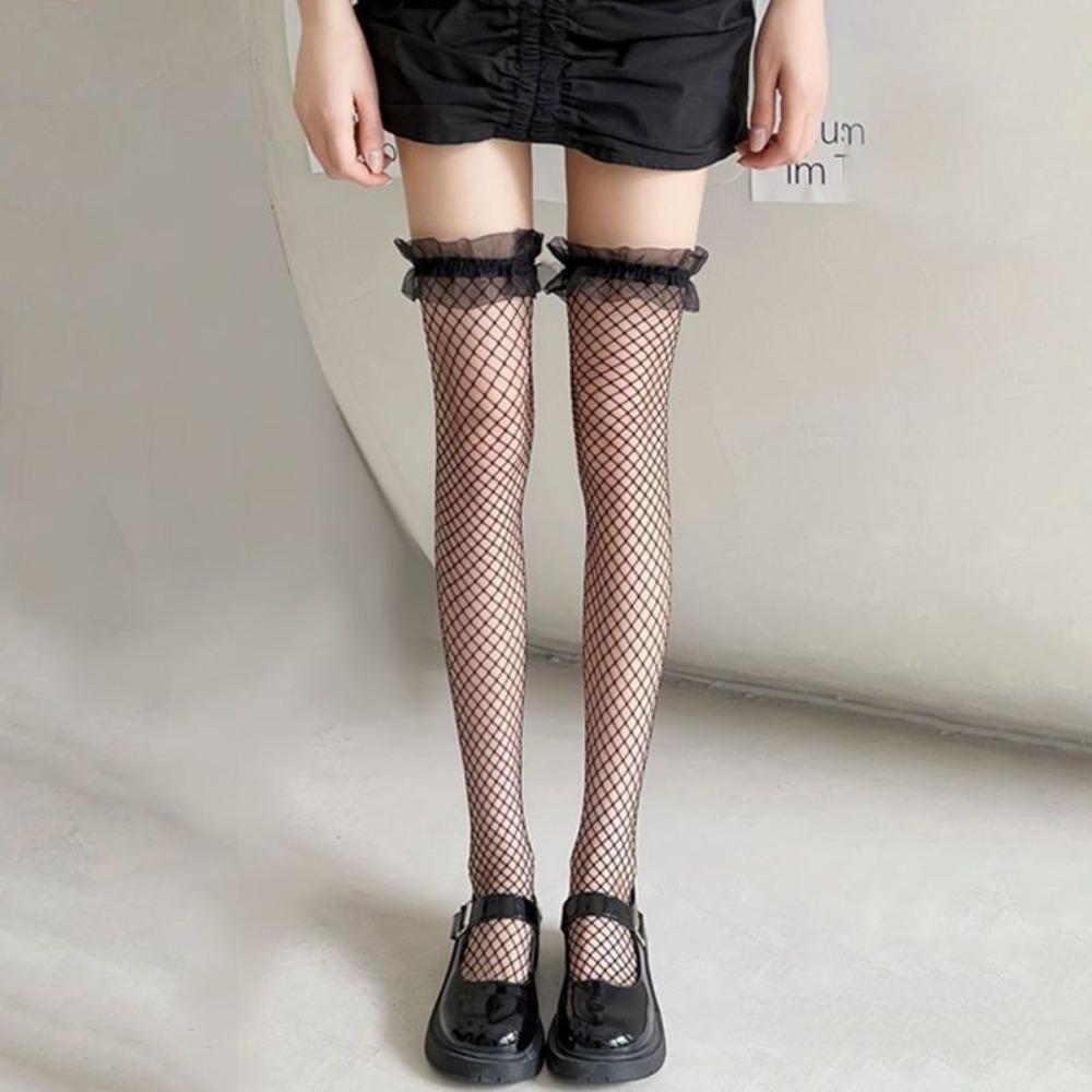 Mesh Stockings Black Lace Hollow Stockings Women's Thin Lolita Mesh Socks Black and White Lace Knee Socks Black
